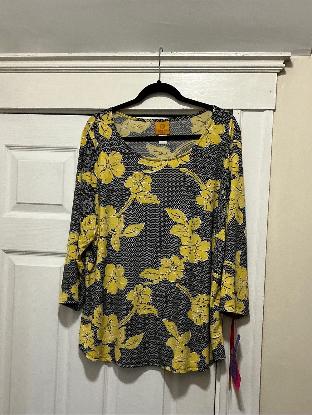 Ruby Rd. Yellow Floral Scoop Neck Long Sleeve Top